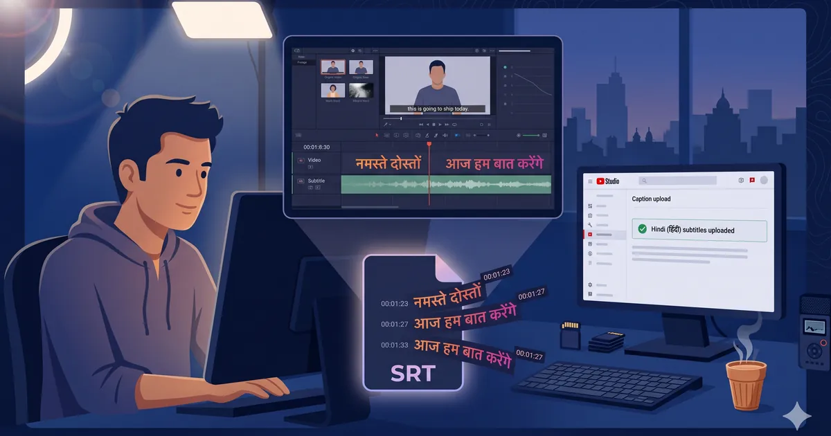 An English source video on a laptop being translated into Hindi subtitles in SRT format for YouTube publishing